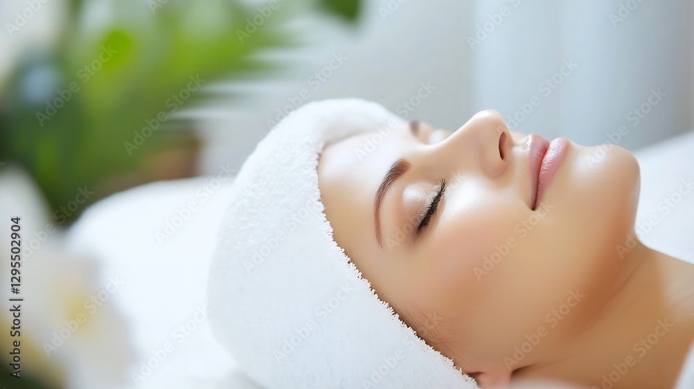 Woman Enjoying a Spa Treatment with Towel on Her Hair : Generative AI Woman Enjoying a Spa Treatment with Towel on Her Hair : Generative AI