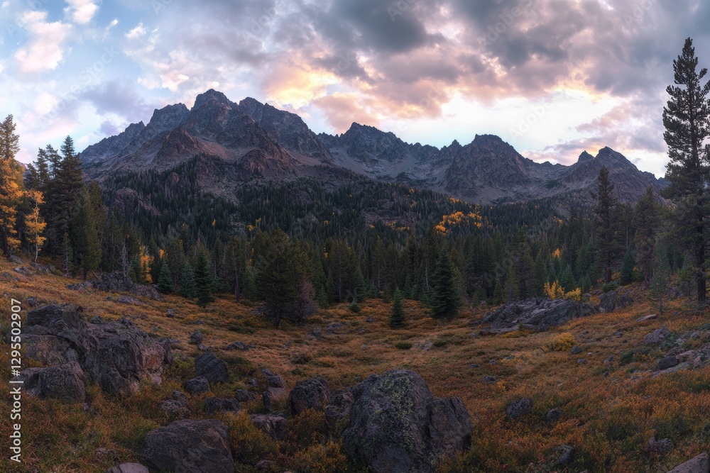 Stunning autumn view of san broker mountains with vibrant aspen trees and pine forest lighting Stunning autumn view of san broker mountains with vibrant aspen trees and pine forest lighting