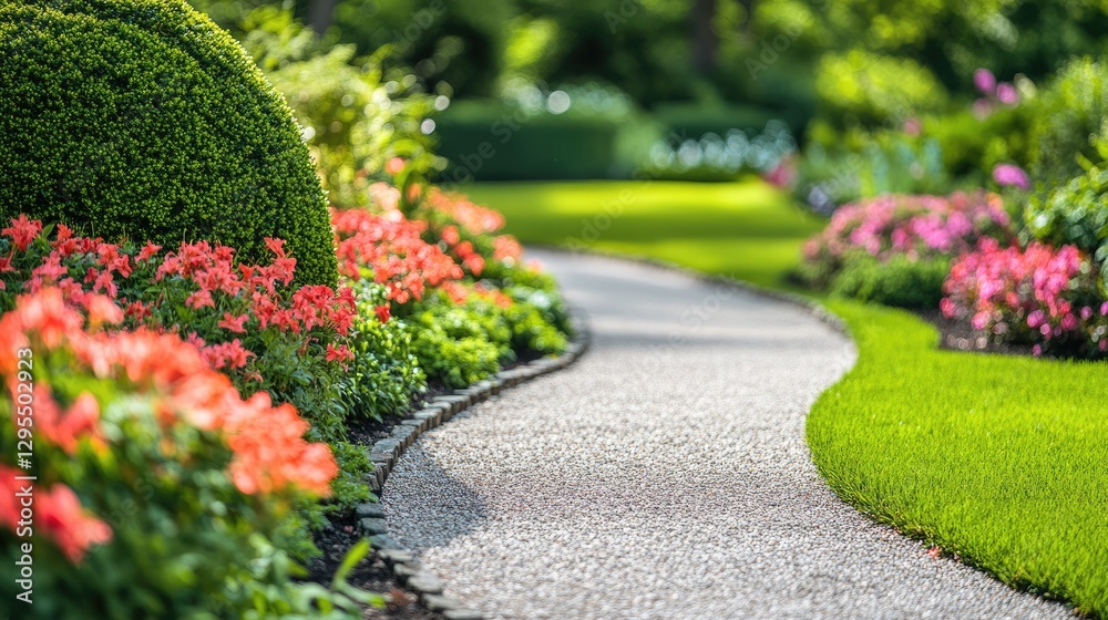 Fototapeta premium A garden path lined with vibrant flowers and neatly trimmed bushes.