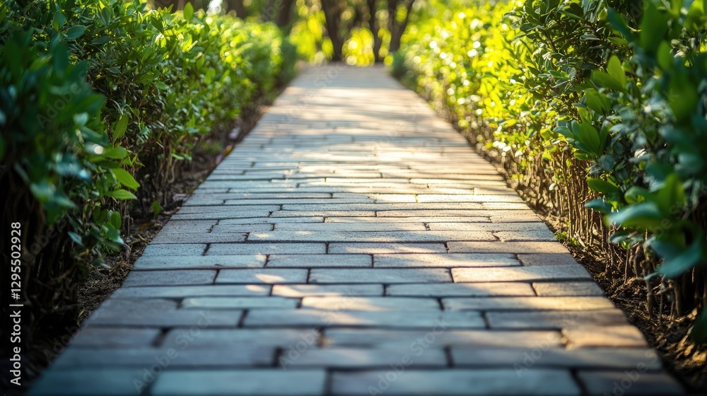 Obraz premium A garden path made of bricks, bordered by green foliage.