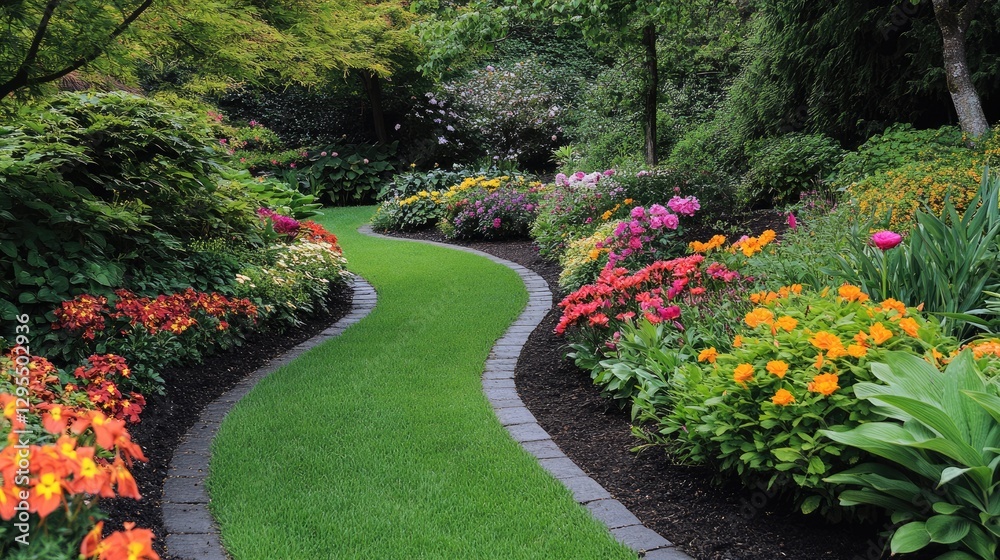 Obraz premium A garden path lined with vibrant flowers and neatly trimmed bushes.