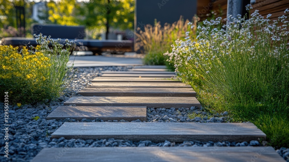 Obraz premium A garden walkway with wooden planks leading to a seating area.