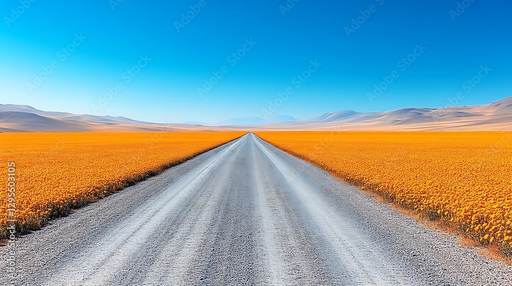 Naklejka premium A Long Road Leads Through Fields Of Colorful Yellow Flowers