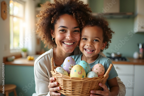 Beautiful mother and child bonding over Easter traditions, holding a basket of colorful eggs, surrounded by a warm and inviting atmosphere.