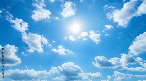 Bright blue sky filled with fluffy clouds and radiant sunlight shining down on a clear day : Generative AI