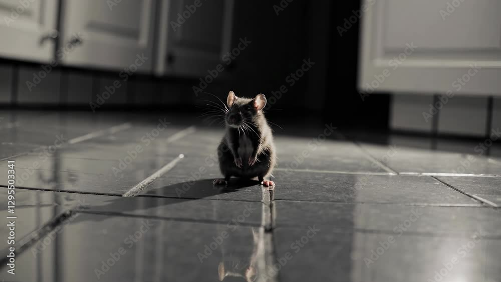 Low-angle video shot of a mouse on a reflective kitchen floor, emphasizing its shadow and the dramatic lighting from a side source.