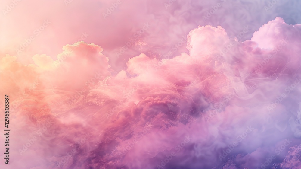 Fototapeta premium Dreamy cumulus clouds backdrop design featuring swirling liquid smoke rising brush effects, puffy sky details, and hookah-inspired mist or smog overlays for a dramatic pre-rainstorm visual effect.