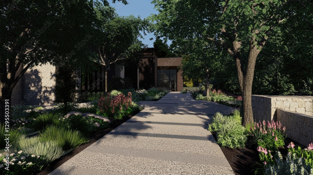 Naklejka premium A high-end modern garden design featuring sleek dark textures and structured walkways.