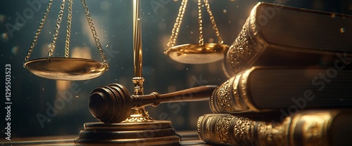 Symbolic Representation of Justice, Law, and Legal System with Scales, Gavel and Old Books photo