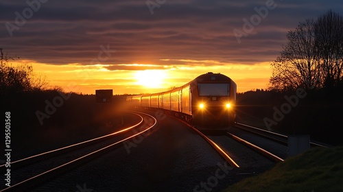 Train glowing in the sunset near the horizon presenting a dynamic travel scene through nature's beauty : Generative AI photo