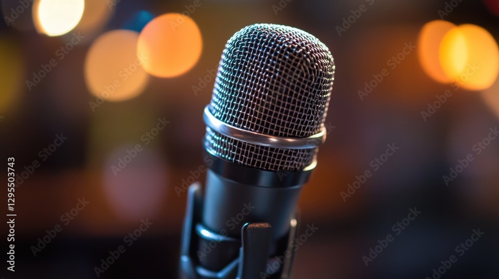 Studio microphone against blurred background with bokeh lights captures the essence of performance and recording Studio microphone against blurred background with bokeh lights captures the essence of performance and recording