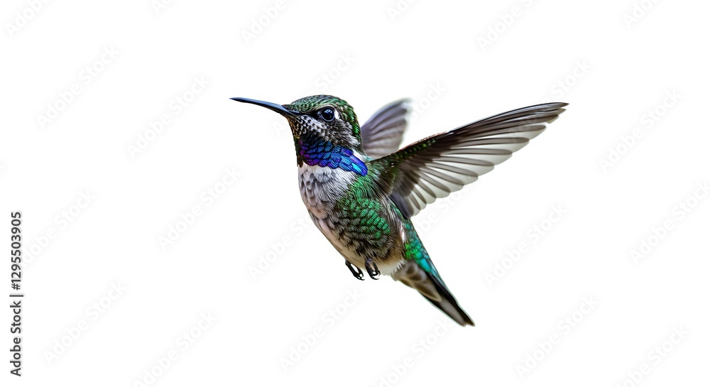 Fototapeta premium A tiny hummingbird hovering mid-air, its iridescent feathers shimmering, isolated on a white background