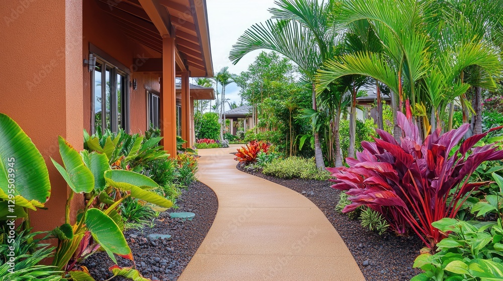 Obraz premium A house-side walkway garden with tropical foliage and palm trees.