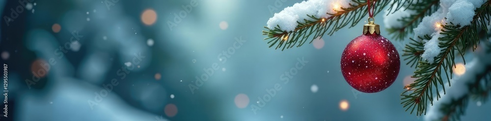 Fototapeta premium Snowy tree branch with isolated red Christmas ornament on it, decoration, christmas, festive