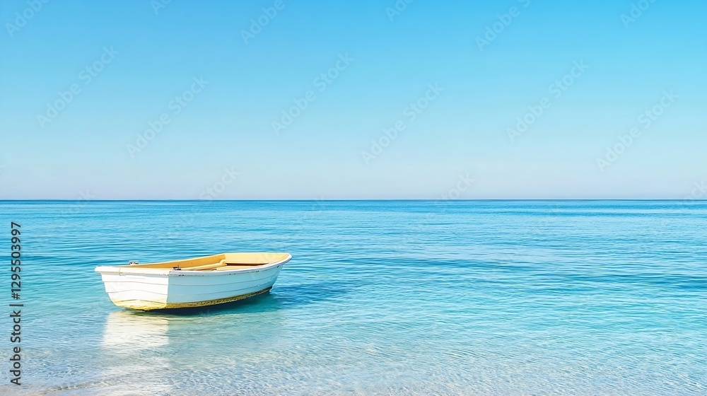 Serene seascape with a small boat floating peacefully on clear turquoise waters under a bright blue sky : Generative AI Serene seascape with a small boat floating peacefully on clear turquoise waters under a bright blue sky : Generative AI