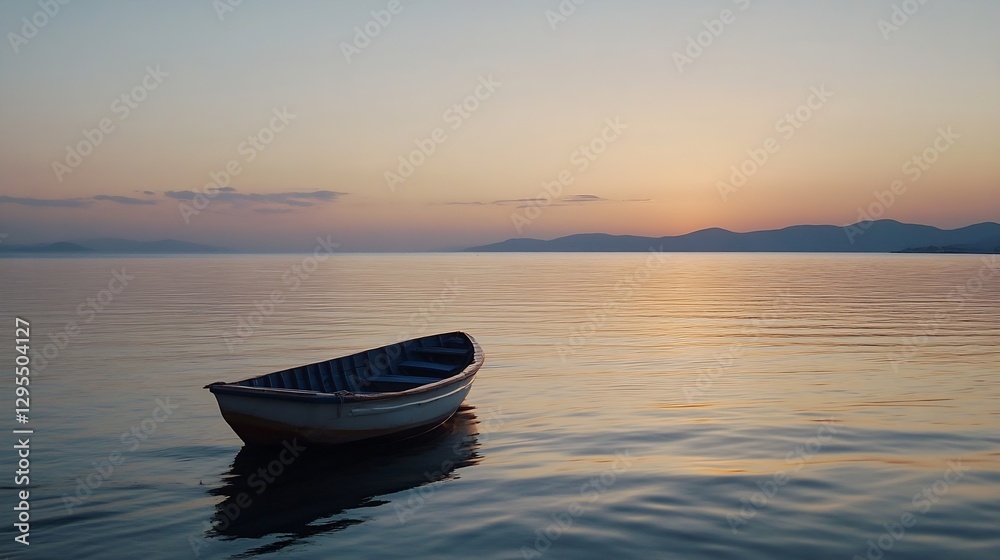 Naklejka premium Serene Sunset Over Calm Waters with a Beautiful Boat Floating in the Background : Generative AI