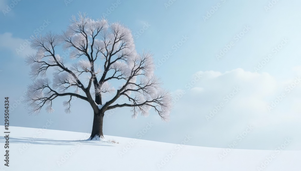 Snowy tree with bare limbs in vast white snowscape, serene, bare limbs Snowy tree with bare limbs in vast white snowscape, serene, bare limbs