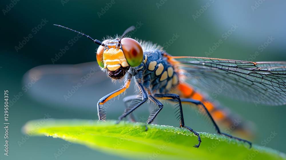 Closeup of a Dragonfly on a Green Leaf Closeup of a Dragonfly on a Green Leaf