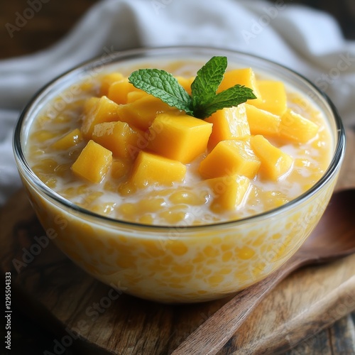 Creamy mango sago dessert with fresh mango chunks photo