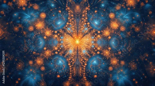Ornate fractal image displaying symmetry with blue and orange colors