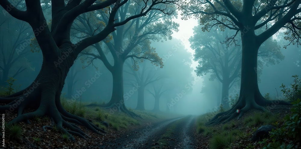 Moody forest landscape with twisted trees and misty atmosphere, forest, dark, eerie Moody forest landscape with twisted trees and misty atmosphere, forest, dark, eerie
