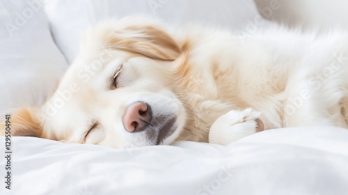 Cute Golden Retriever Dog Sleeping Comfortably on a Soft White Bed : Generative AI