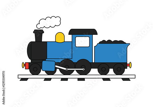 Rail clipart. This image shows a blue and black steam locomotive with a yellow dome and a coal tender on tracks. Vector illustration design.