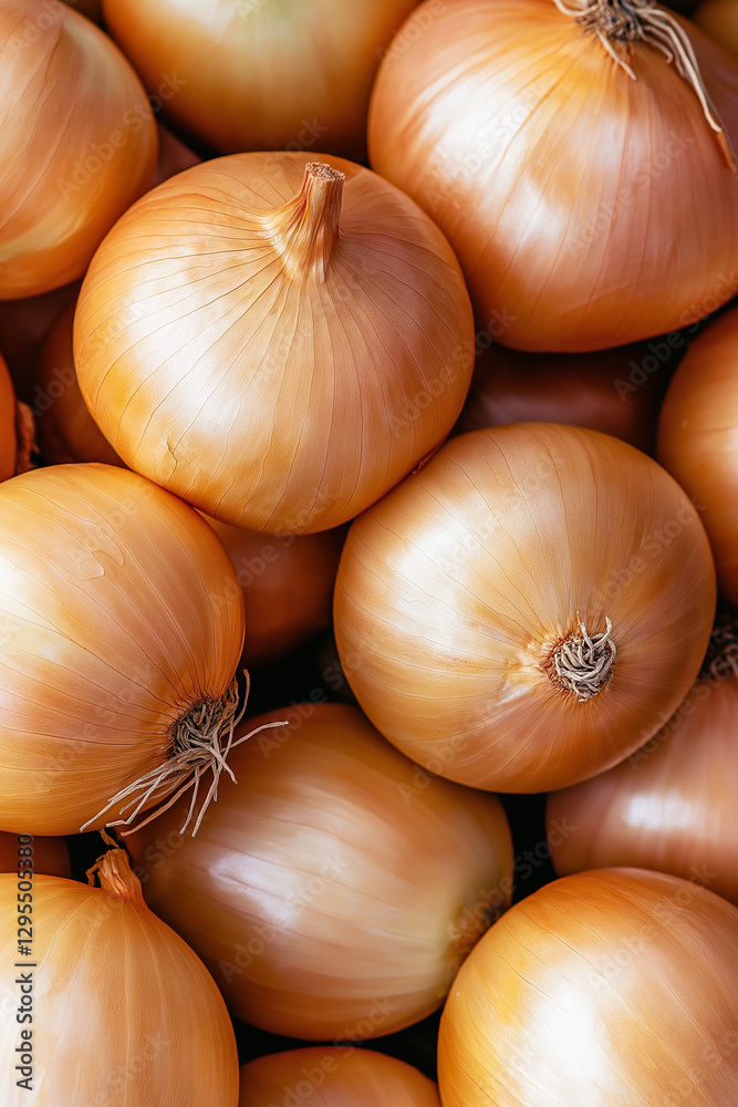 A pile of large, golden-brown onions with their skins visible and the top part being more textured. The background is filled entirely by these vegetables. This close-up shot captur A pile of large, golden-brown onions with their skins visible and the top part being more textured. The background is filled entirely by these vegetables. This close-up shot captur