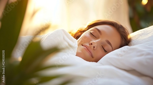 Smiling Woman with Relaxed Expression Lying on Bed in Warm Light : Generative AI