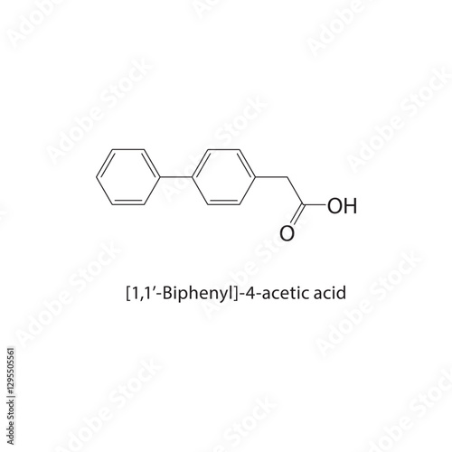 [1,1’-Biphenyl]-4-acetic acid skeletal structure.Carboxylic Acid compound schematic illustration. Simple diagram, chemical formula.