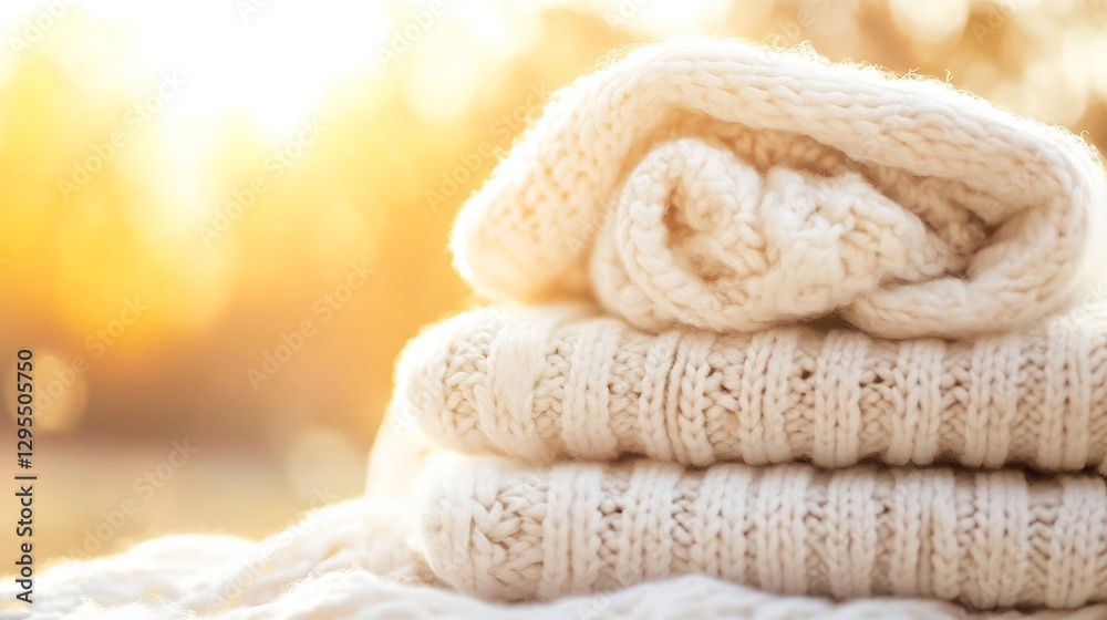 Stacked Cozy Knit Blankets Ready for a Warm Evening in the Soft Autumn Sunlight : Generative AI Stacked Cozy Knit Blankets Ready for a Warm Evening in the Soft Autumn Sunlight : Generative AI