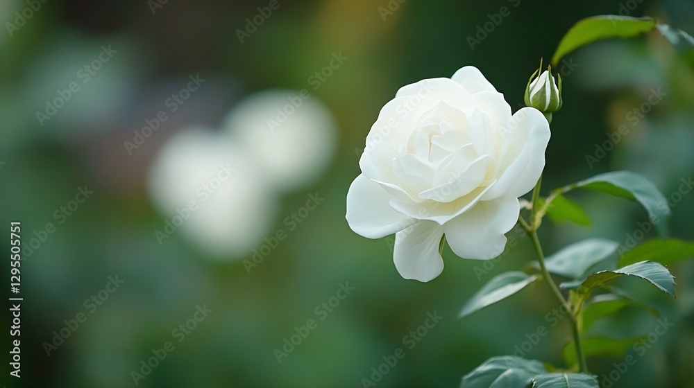 Delicate white rose blossom captured in soft focus with green foliage background for elegant nature aesthetic : Generative AI Delicate white rose blossom captured in soft focus with green foliage background for elegant nature aesthetic : Generative AI