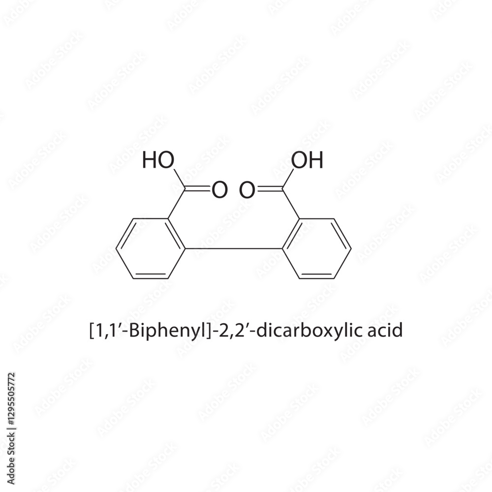 [1,1’-Biphenyl]-2,2’-dicarboxylic acid skeletal structure.Carboxylic Acid compound schematic illustration. Simple diagram, chemical formula.