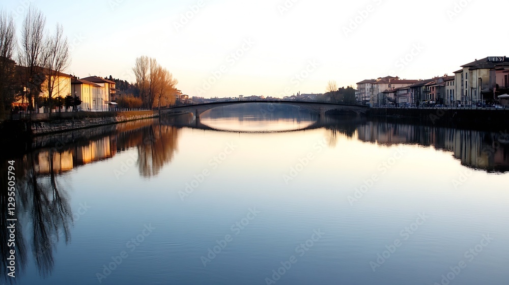 Fototapeta premium Scenic view of a tranquil river reflecting trees and buildings under serene sunset hues at twilight : Generative AI