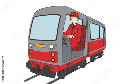 Train driver clipart. A train driver in a red uniform is operating a red and gray train. Vector illustration design.