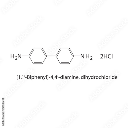 [1,1’-Biphenyl]-4,4’-diamine, dihydrochloride skeletal structure.Diamine compound schematic illustration. Simple diagram, chemical formula.