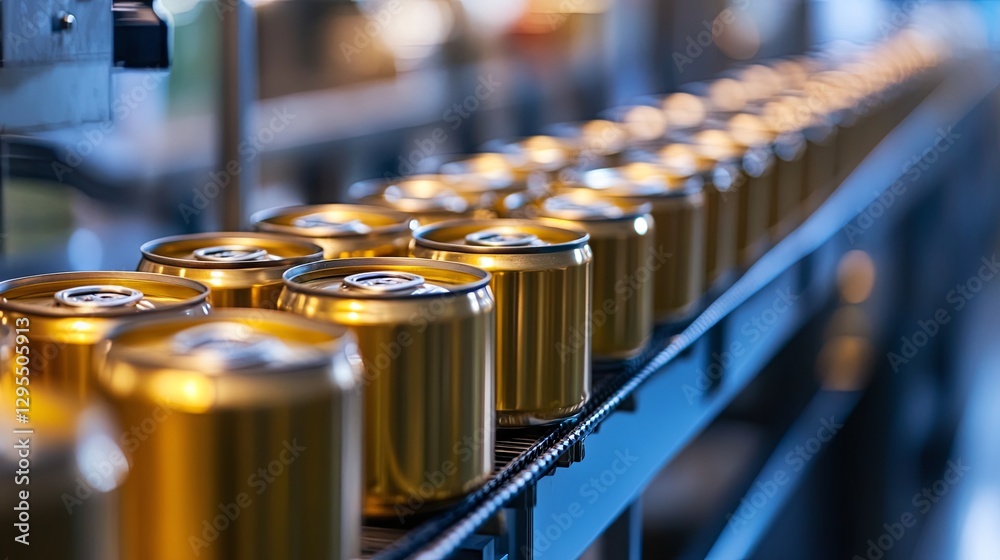 Aluminum food cans being processed on a factory conveyor line, with a selective focus on the production process Aluminum food cans being processed on a factory conveyor line, with a selective focus on the production process