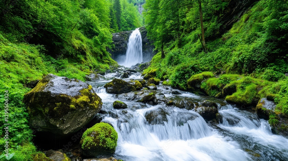 Fototapeta premium Serene Waterfall Cascading Into Lush Green Forest Landscape