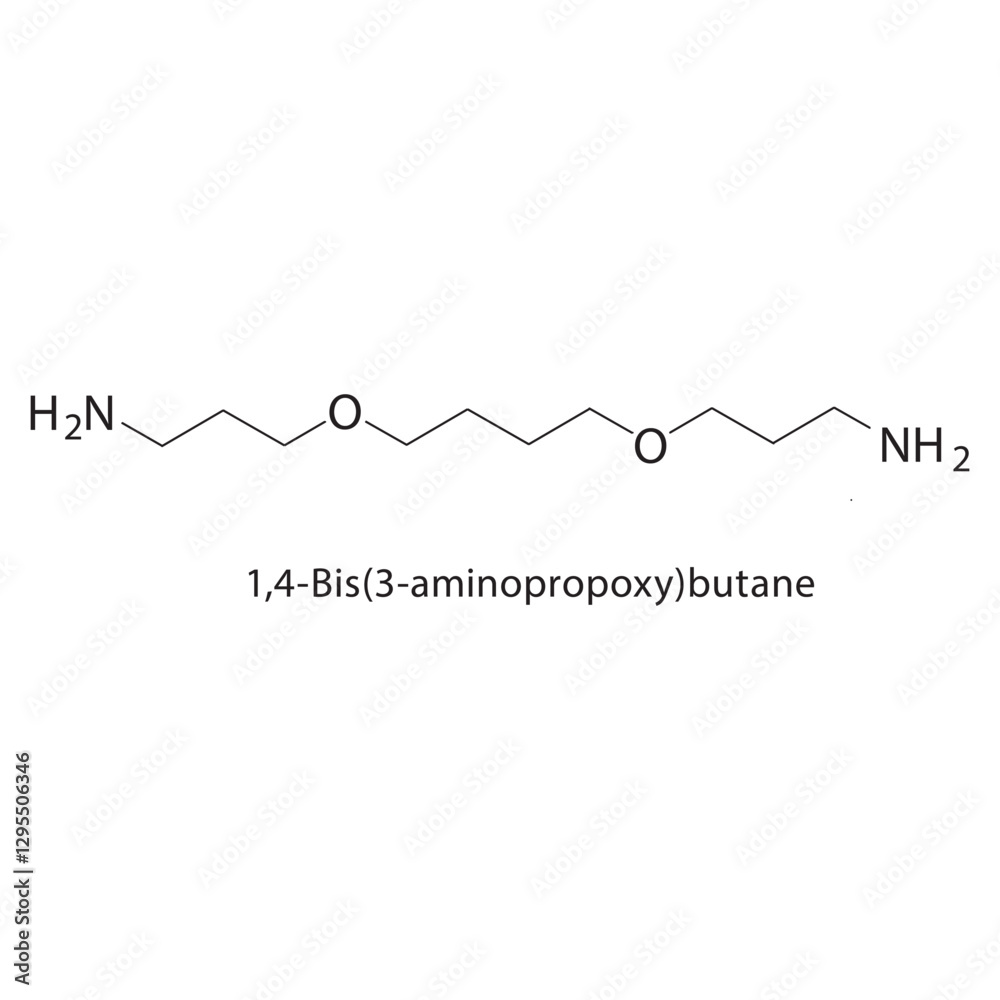 1,4-Bis(3-aminopropoxy)-butane skeletal structure.Ether compound schematic illustration. Simple diagram, chemical formula. 1,4-Bis(3-aminopropoxy)-butane skeletal structure.Ether compound schematic illustration. Simple diagram, chemical formula.