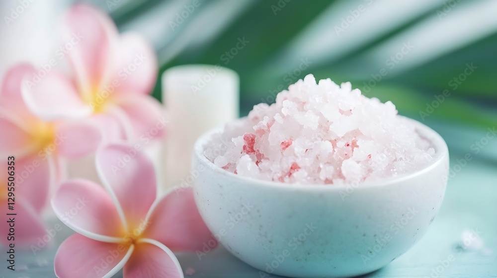 Natural bath salt in a bowl surrounded by tropical flowers bringing relaxation vibes : Generative AI Natural bath salt in a bowl surrounded by tropical flowers bringing relaxation vibes : Generative AI