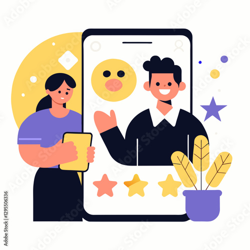 Young adults viewing online customer service interaction on a smartphone. Smiling customer service representative displayed on screen, with positive feedback.