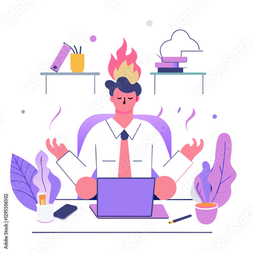 Stressful businessman meditating at his office desk with flames on his head. Calm pose with laptop, plants, and other office supplies.