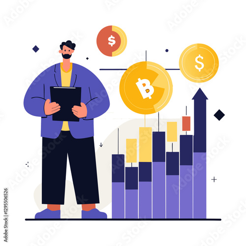Businessman analyzing cryptocurrency market trends in modern office setting. Male professional observing bitcoin/dollar currency exchange data with upward trend.
