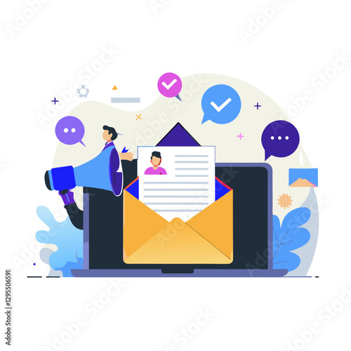 Applicant submitting resume via email in modern digital workplace. Male candidate holding a megaphone and sending a resume in an email with a laptop as the backdrop.