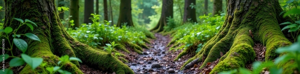 Muddy forest trail with moss-covered tree trunks and overgrown ferns, forest, grunge, landscape Muddy forest trail with moss-covered tree trunks and overgrown ferns, forest, grunge, landscape