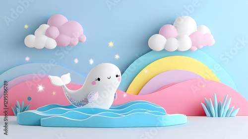 Cute Baby Whale 3D Render with Pastel Rainbow and Clouds photo