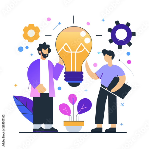 Team brainstorming with a large lightbulb idea in the center.