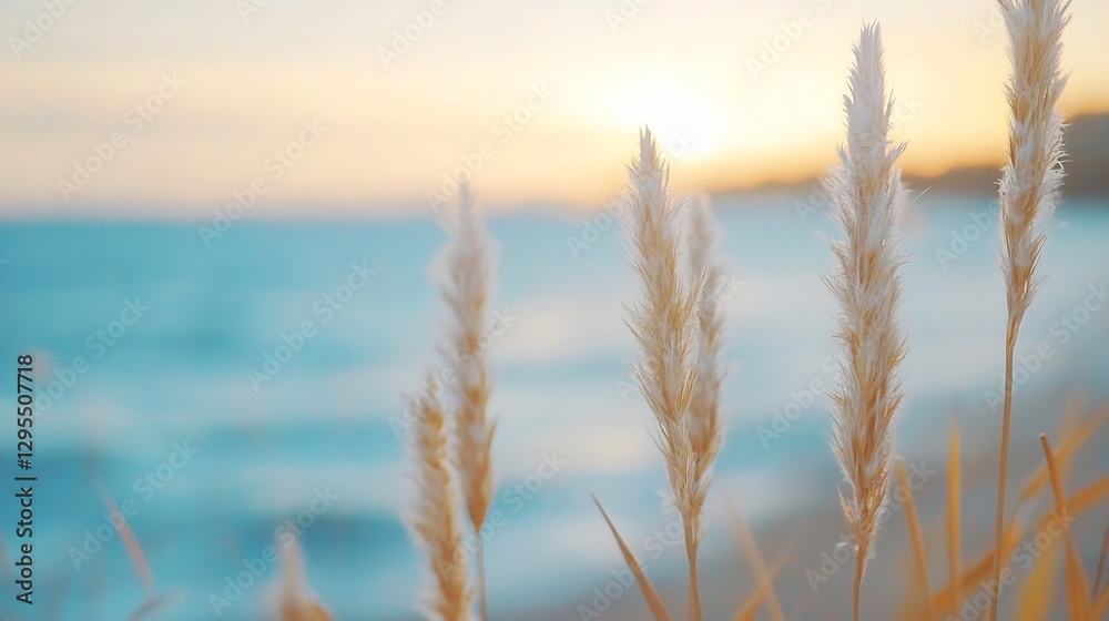 Soft Golden Sunset Over Calm Beach with Grass in Foreground : Generative AI Soft Golden Sunset Over Calm Beach with Grass in Foreground : Generative AI
