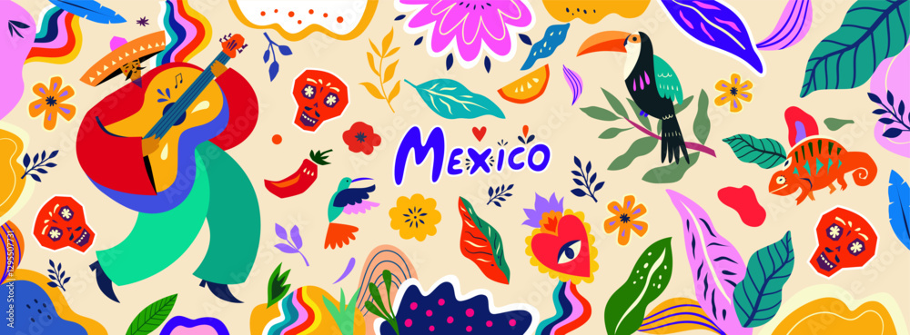 Obraz premium Beautiful vector banner with design for Mexican holiday. Vector template with traditional Mexican symbols.