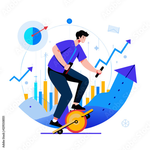 Young male pro in casual wear rides exercise bike, boosting growth metrics amid charts/graphs, showing success/innovation in modern workspace.